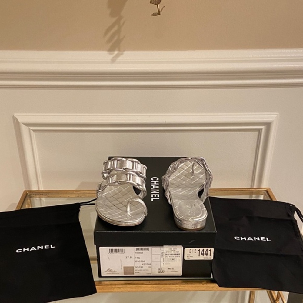 CHANEL Silver Calfskin Quilted Slip In  Sandals 7.5